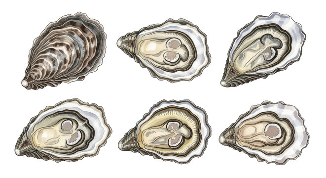 A high-quality 3x2 grid arrangement of six unique oyster shells featuring realistic hand drawn artistic illustrations isolated on a white background