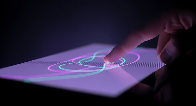 A close up of a human finger touching a glowing digital screen with abstract light trails.