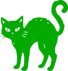 Fototapeta premium Green silhouette Halloween icon featuring a creepy frightened black magic cat with an arched back vector graphic design element for seasonal autumn art