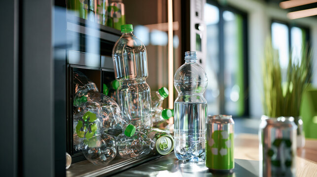 Machine for accepting plastic and aluminum beverage bottles in a bright clean recycling point crisp daylight with green accents beverage bottle recycling aluminum can machine