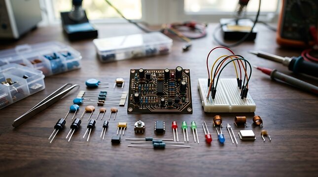 Electronic components and circuit board on a wooden workbench
