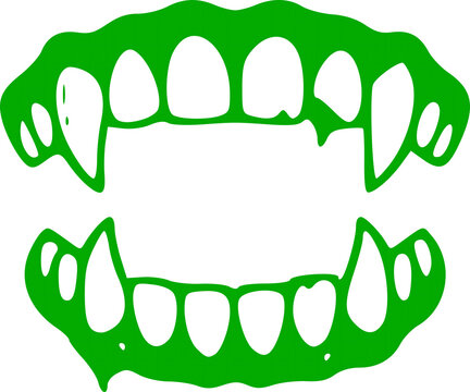 Green silhouette Halloween icon featuring scary sharp vampire monster fangs and teeth ready to bite vector graphic design element for creepy fall art