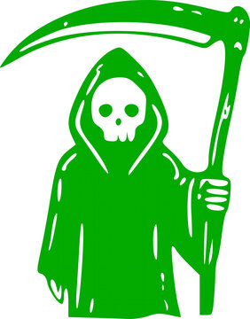 Green silhouette Halloween icon featuring the scary grim reaper monster holding a sharp scythe vector graphic design element for creepy autumn holiday