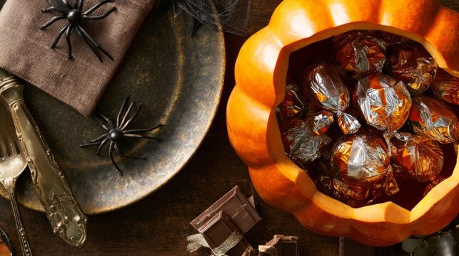 Create a commercially useful Adobe Stock image about Dining table place setting with carved pumpkin filled with wrapped candies, paper spider decorations and pill&acirc;&euro;&brvbar;. Use realistic lighting, clean com