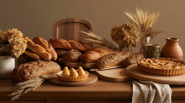Assorted Homemade Breads And Pastries On Rustic Wooden Table Display
