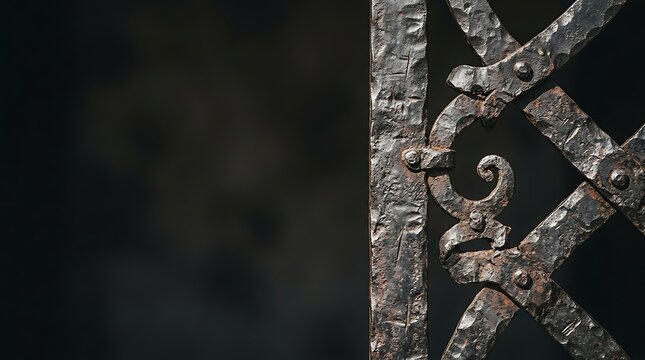 Close up of an antique hand forged wrought iron gate with rust