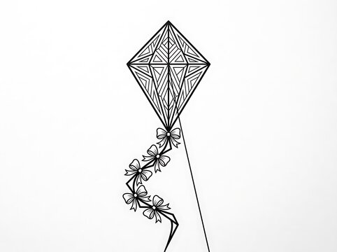 Black and white hand drawn kite with decorative ribbons and bows for coloring book page