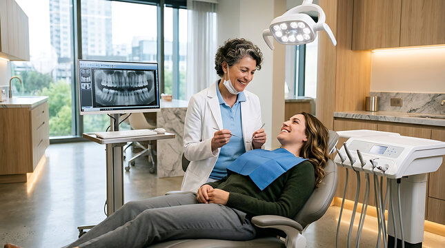 Dentist examining patient's teeth with modern dental equipment during routine checkup