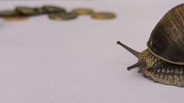 a snail crawls on white paper towards a stack of copper coins	