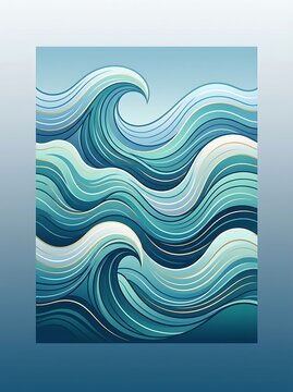 Stylized teal and blue ocean waves with elegant flowing lines