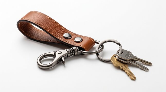 Leather Keychain with Keys: A simple and elegant brown leather keychain with a sturdy metal clasp, holding a set of three keys, presented on a clean white background.