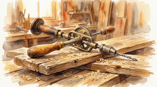 Antique woodworking tools on workbench with sawdust
