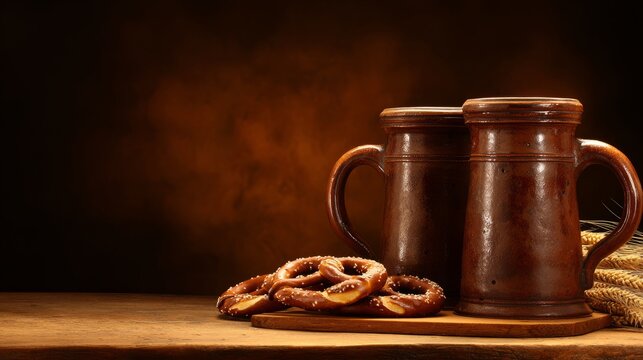 Stoneware beer steins and wooden board of pretzels with wheat, Oktoberfest table setting
