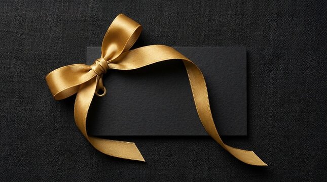 Luxurious golden ribbon tied in a bow on a black rectangular tag against a dark textured background symbolizing gift giving luxury and elegance for special occasions.