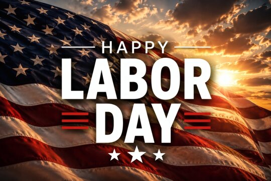 Happy Labor Day greeting card. American flag background with sunset light.