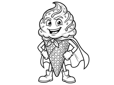 Cute superhero ice cream cone mascot character wearing a cape for kids coloring book page