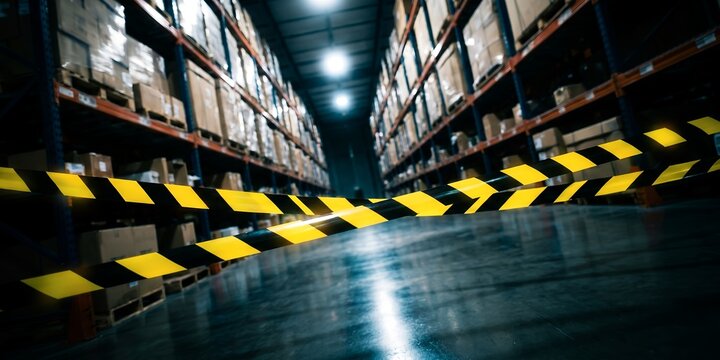 Industrial warehouse aisle with yellow caution tape featuring high shelf racks, stacked cardboard boxes and hazard warning tape, representing supply chain disruption and restricted safety access