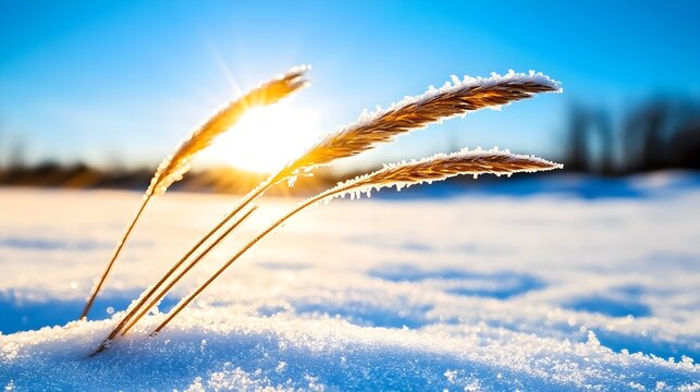 Frosty Grasses On Snowy Landscape With Sunlight