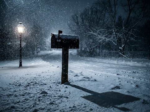 Old metal mailbox standing in a snowy street at night under a glowing street lamp
