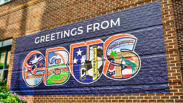 postcard style Cbus, Columbus Ohio sign. Downtown Columbus Ohio. USA 2026