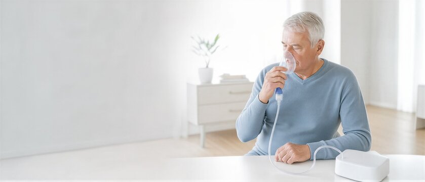 Senior man using nebulizer mask for respiratory therapy at home. Elderly patient inhaling medication for asthma or lung disease treatment. Banner with copy space
