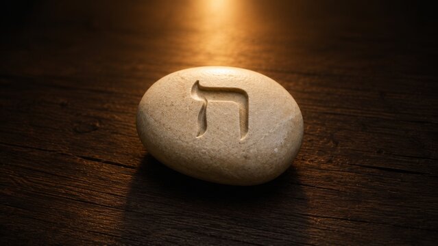 Stone with engraved Hebrew letter Chet on wooden background. Symbol of Jewish culture and religion. Ancient alphabet character carved into rock. Concept of tradition and history.