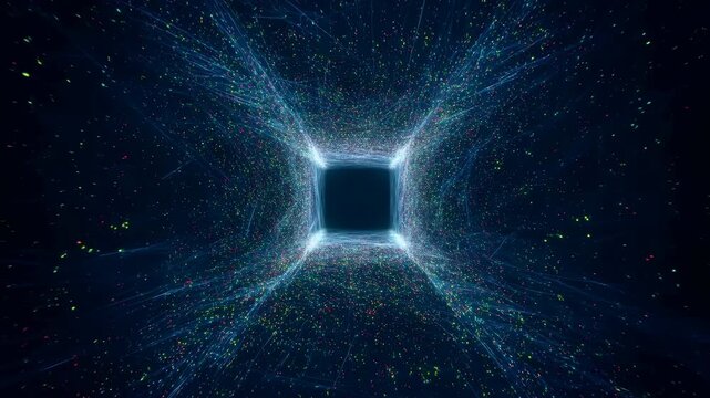 Luminous square portal of dense multicolored particles and pale blue filaments glowing in dark navy space, with radiant cyan, magenta, green and yellow sparks forming digital gateway