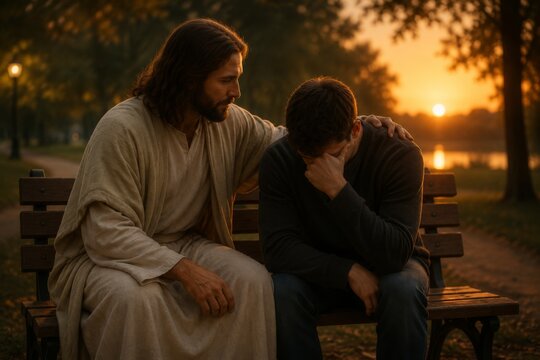 Jesus comforting a sad man sitting on a park bench at sunset. Divine figure offering support and guidance to a grieving person. Concept of faith, compassion, healing, and hope.