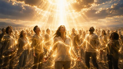 Fototapeta premium Crowd of diverse man and woman standing under glowing golden light from heaven. Spiritual gathering and religious awakening experience. People feeling hope and divine energy inspiration.