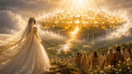 Obraz premium Woman in wedding dress looking at golden city in heaven. Crowd of people gathering before celestial gates. Spiritual afterlife concept. Religious faith and divine hope illustration.