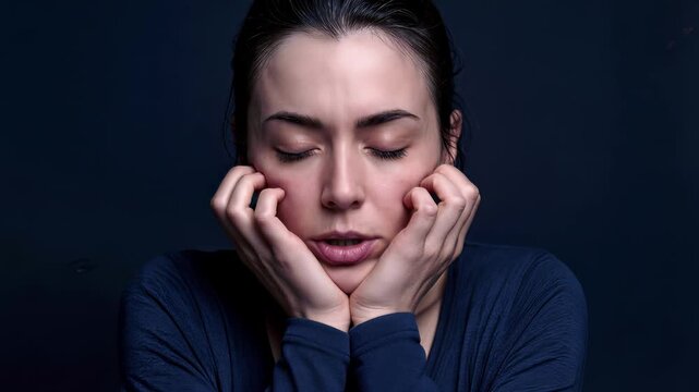 Stressed woman covering face with hands in dark environment. Mental health and emotional distress concept. Static close-up shot.