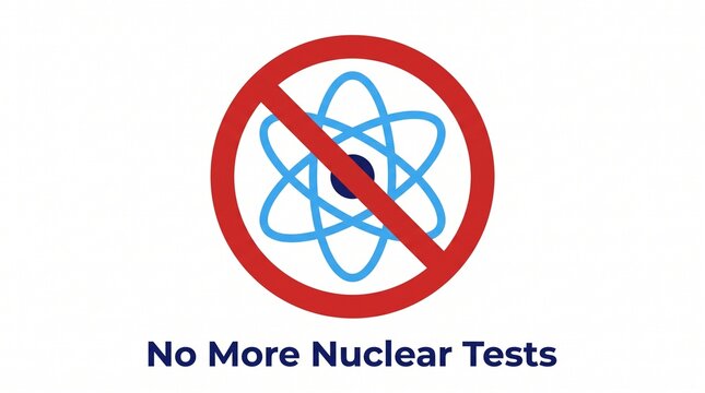 Atom symbol with prohibition sign. Anti-nuclear protest icon for peace and safety.