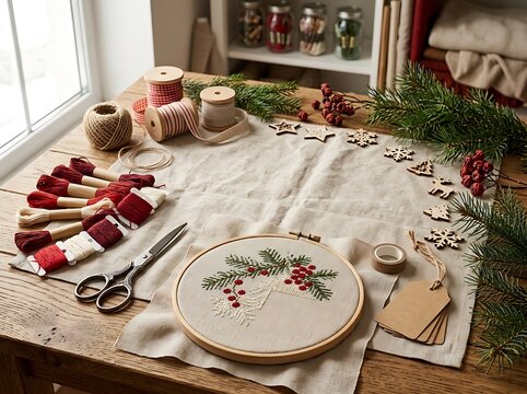 Christmas embroidery project with hoop needlework scissors and festive decoration on rustic wooden desk embroidery christmas needlework decoration scissors handmade creative background