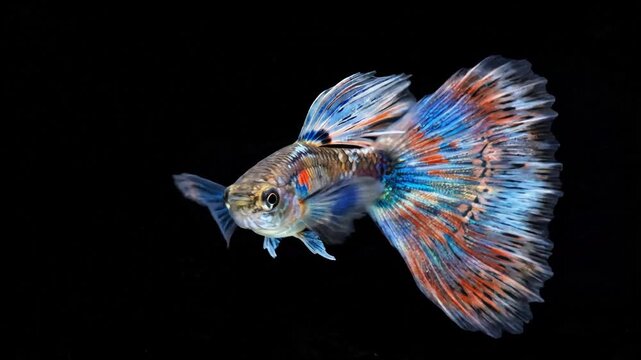 Vibrant guppy fish swimming elegantly through dark water capturing graceful motion in this stunning high quality aquatic life video clip