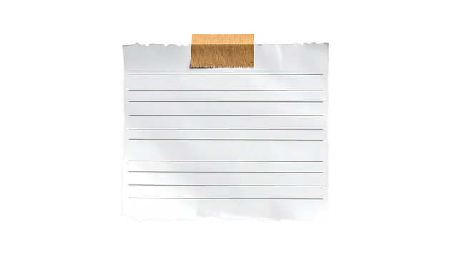 Torn white lined paper note attached with brown adhesive tape isolated on a plain background