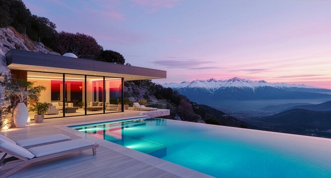 Modern luxury villa with infinity pool at sunset, contemporary hillside architecture with mountain view, elegant vacation home exterior at dusk