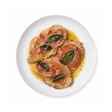 Saltimbocca alla Romana auf wei&szlig;em Teller, freigestellt auf wei&szlig;em Hintergrund. Italienische Kalbsschnitzel mit Schinken, Salbei und Butter in appetitlicher Top-View-Studioaufnahme.
