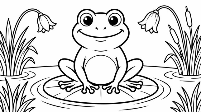 Cartoon frog sitting on a lily pad in a pond coloring page vector illustration outline