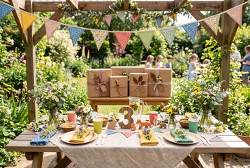 Fototapeta premium People gather around a table set in a garden filled with flowers. The table has gifts, drinks, and decorations. Everyone enjoys the sunny day and the cheerful atmosphere