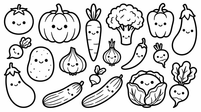 A delightful collection of adorable, hand-drawn kawaii vegetable characters, perfect for coloring and educational activities for children