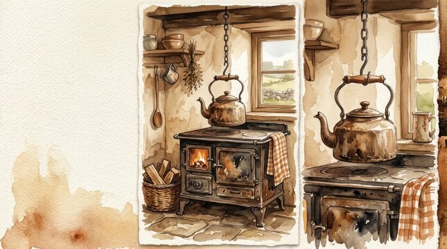 Cozy rustic kitchen interior with wood stove and kettles