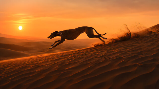 Fast dog running on desert sand dunes at golden hour sunset, kicking up sand in dynamic motion, representing freedom, agility, speed, and National Dog Day pet concept