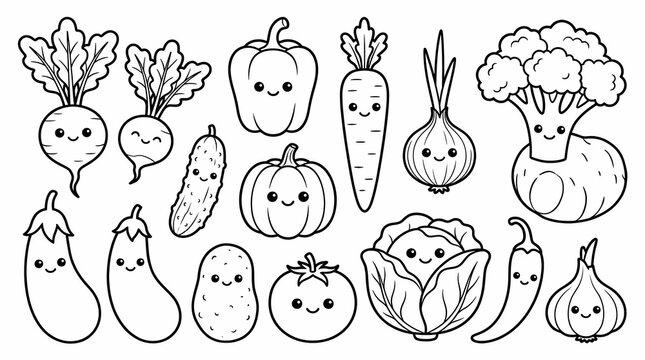 Cute Kawaii Vegetable Outline Collection Coloring Page with Happy Smiling Faces for Kids