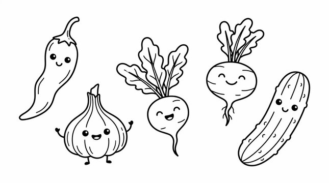 Cute kawaii vegetables coloring page vector set with happy smiling chili pepper garlic radish turnip and cucumber for kids activity