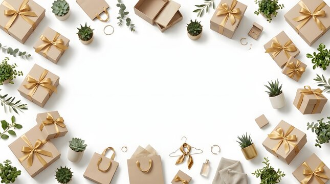 Top view of festive gift boxes and succulent plants arranged as a border on white background.