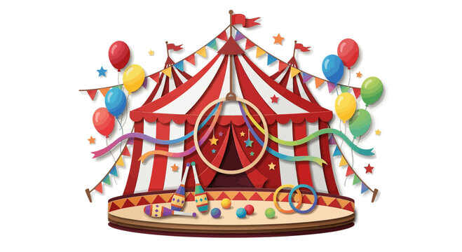 Colorful Circus Tent with Performance Props and Balloons Illustration