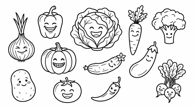 Cute vegetable doodles with happy faces set 