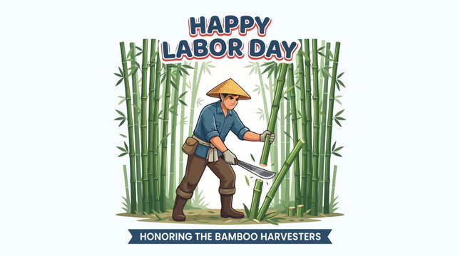 Bamboo harvester using machete in dense forest grove for Labor Day tribute to traditional manual farm labor work