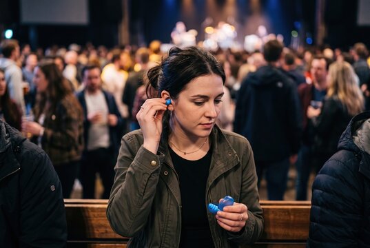A woman sits among a large crowd at a music event. She is putting in earplugs while preparing for the performance. People chat and enjoy drinks around her