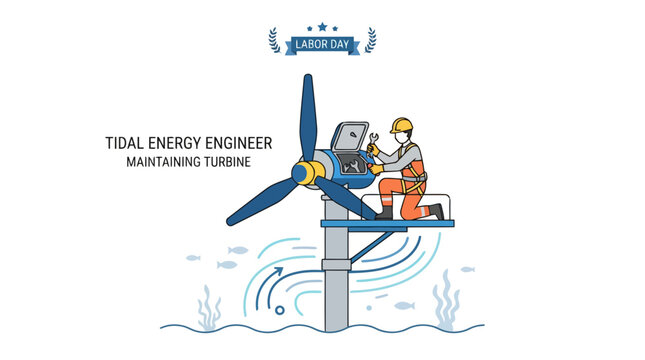 Tidal energy engineer maintaining underwater turbine system for sustainable power generation on Labor Day